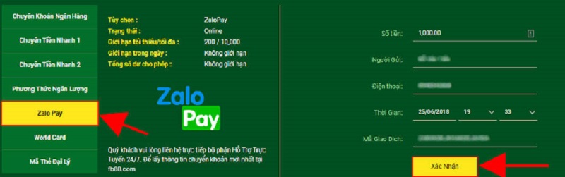 Cách thức giao dịch Nạp bằng Zalo pay